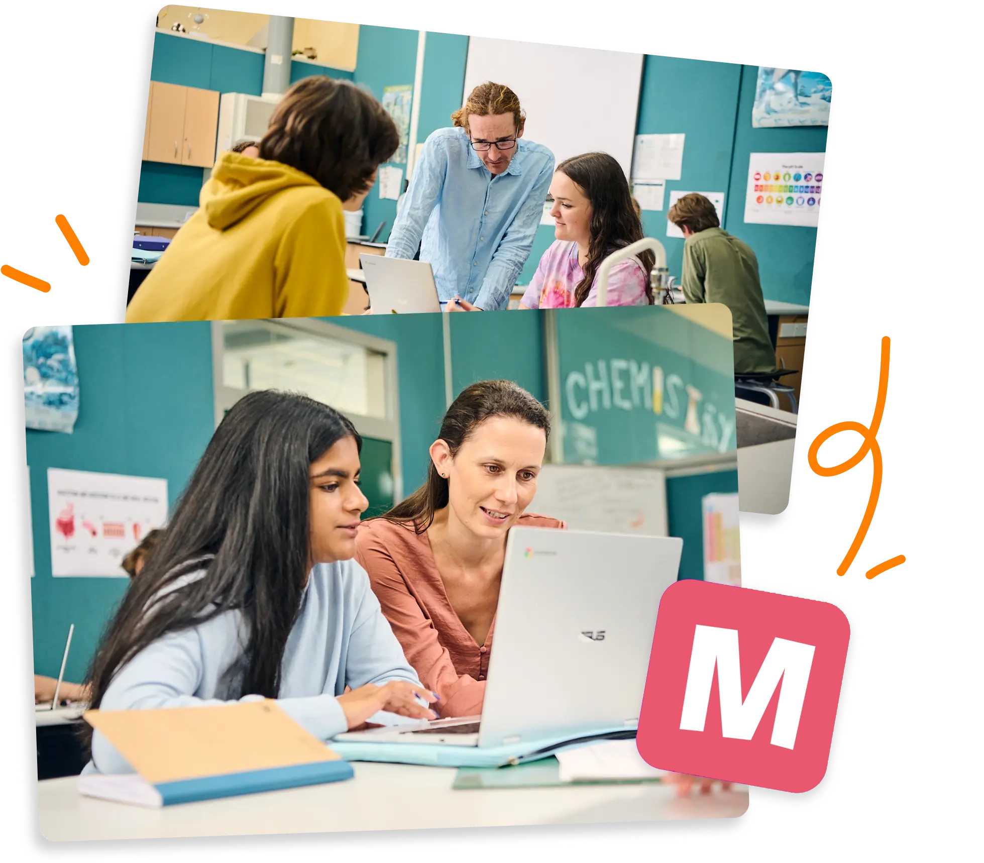 Two images of Teachers helping their students using Melearni